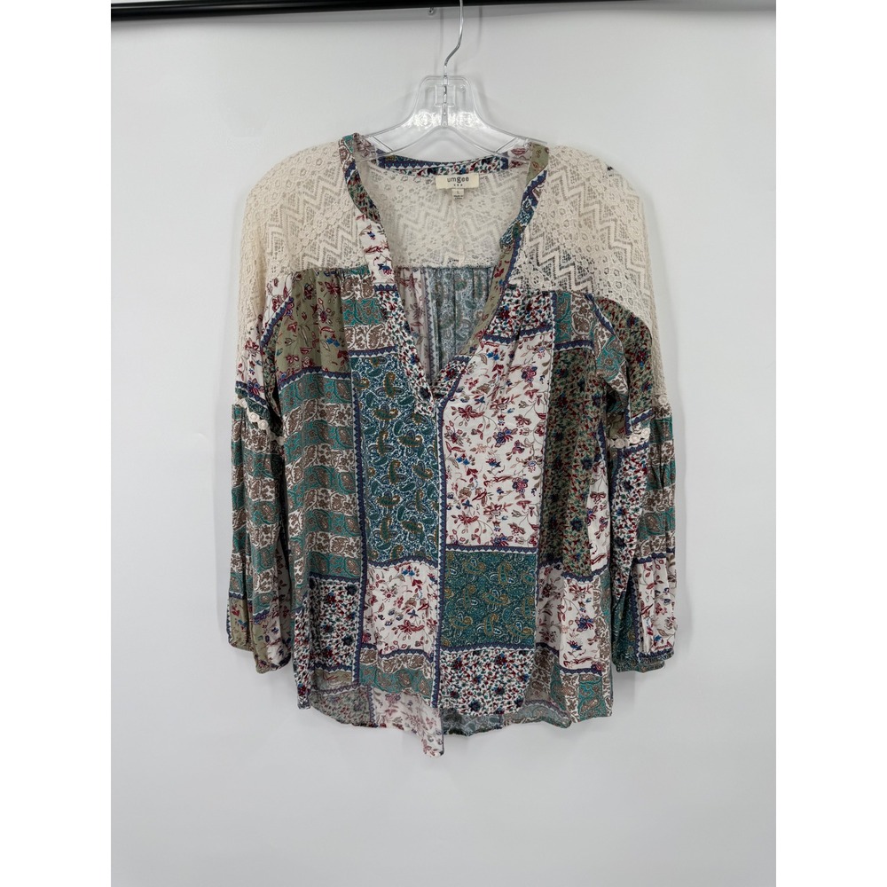 Umgee USA Boho Patchwork Blouse Womens L Lace Crochet Hippie Flowy Floral